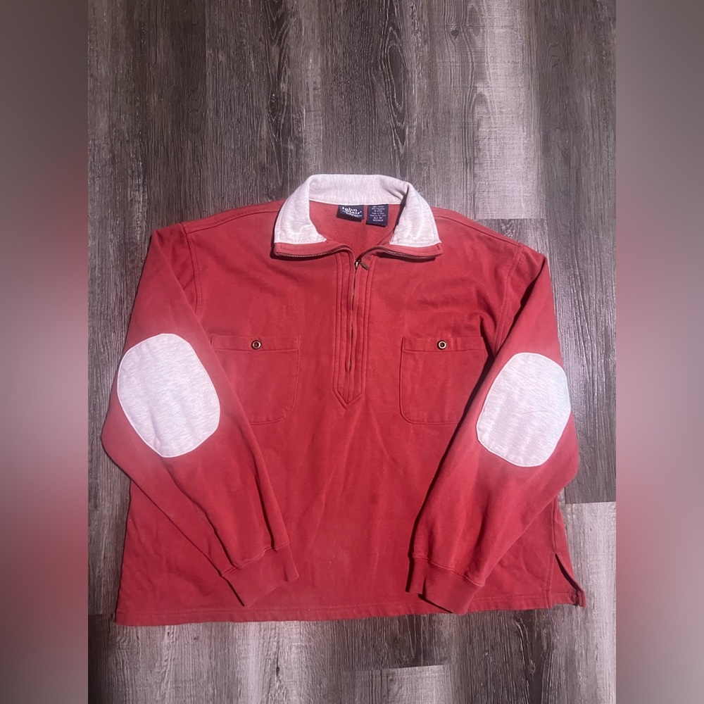 Vintage Red John Blair pullover 1/4 zip gray elbow patches crop look read descr.
